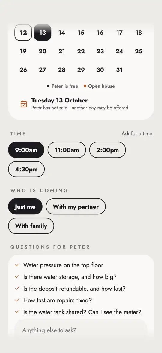 Book a viewing: Tuesday 13 October at 9:00am, just me, with questions for Peter.