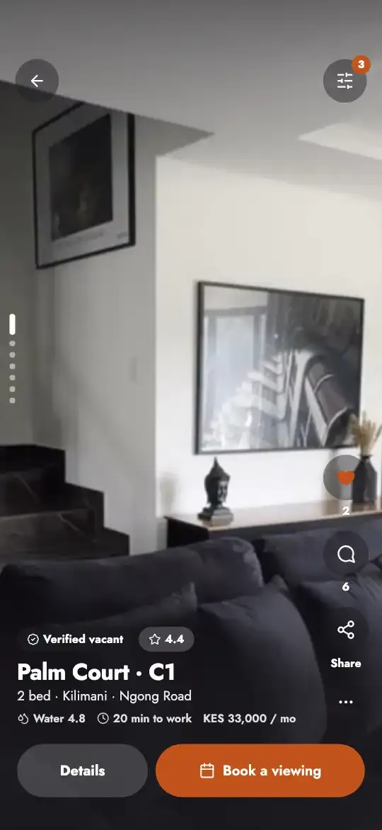 Imara's Find for house hunters: Palm Court C1, two bedrooms in Kilimani, KES 33,000 a month, with Book a viewing.