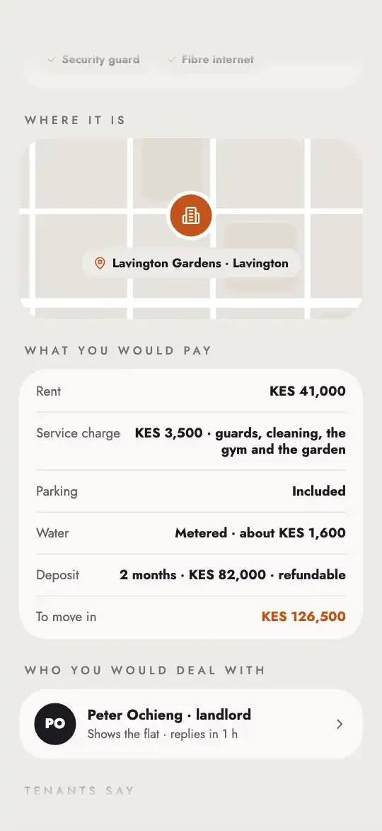 A home on Imara: where it is, what you would pay (KES 126,500 to move in) and Peter Ochieng, the landlord who shows it.