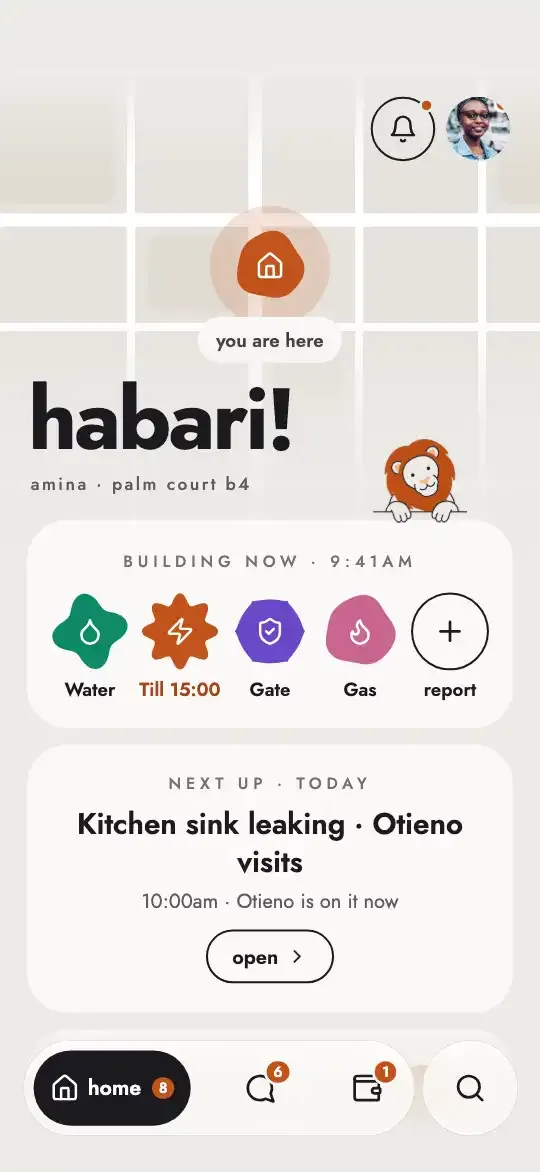Imara's tenant Home: habari! with the building's water, power, gate and gas, and the next repair visit.