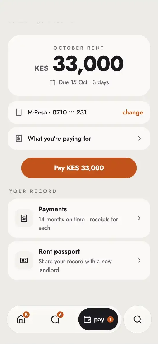 The tenant Pay page: October rent KES 33,000, due 15 October, with the payment record and the rent passport.